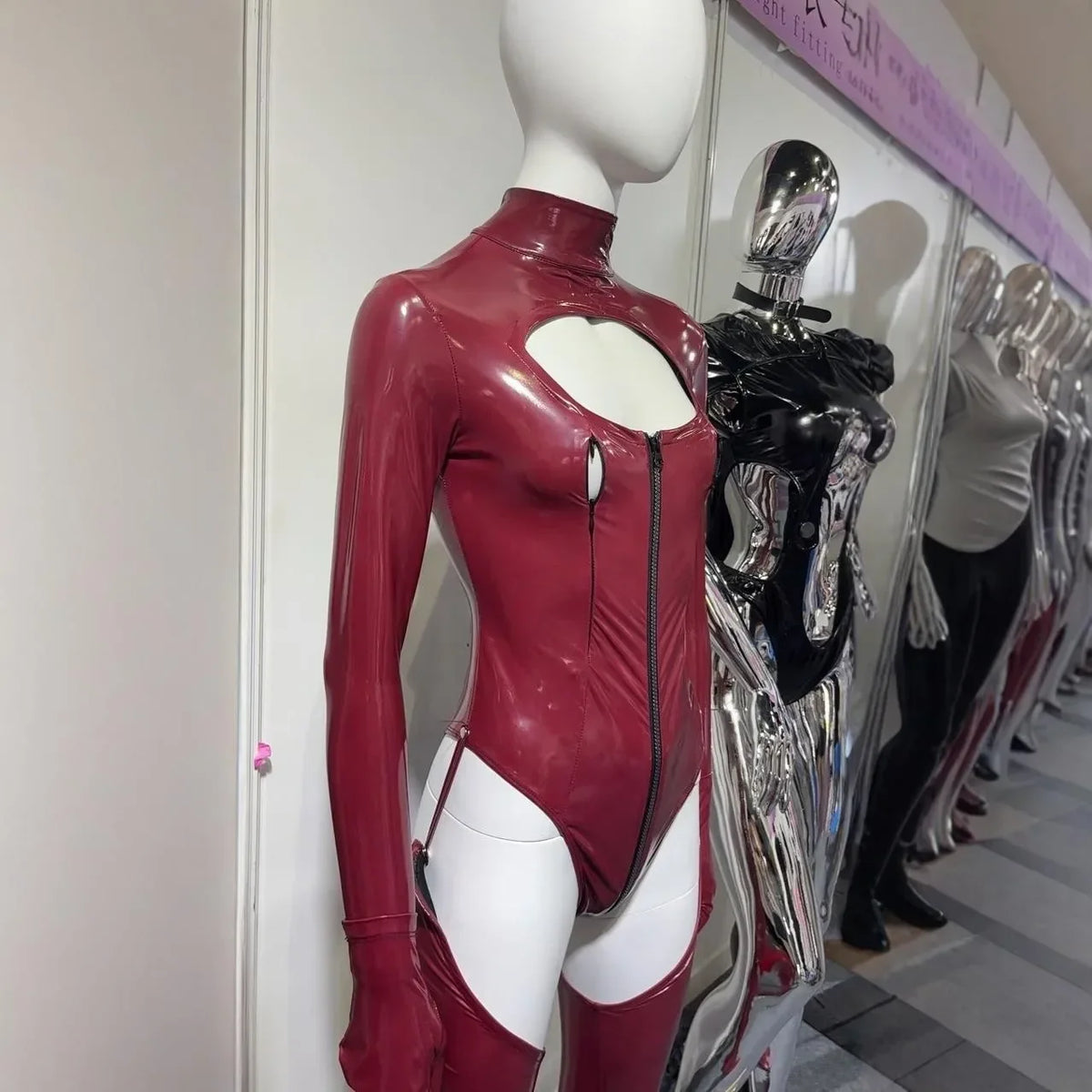 Faux Latex PU Leather Hollow-Out Breast Zipper Bodysuit & Stockings Set