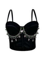 Mesh Bustier Corset Crop Top Diamond Embroidery Tassel Evening Party Bralette