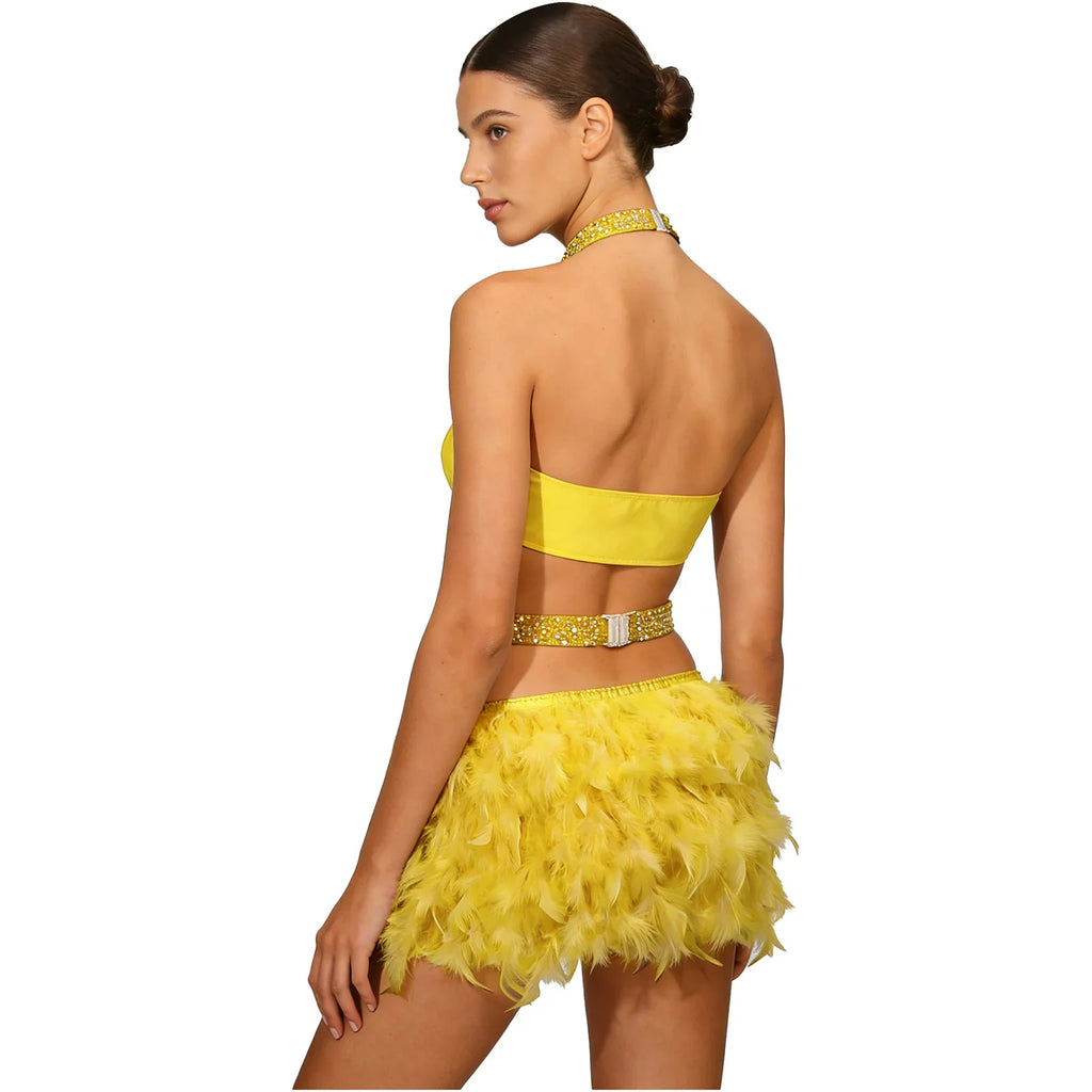 Glittery Rhinestone & Faux Feather Latin Dance Leotard Halter Bodysuit