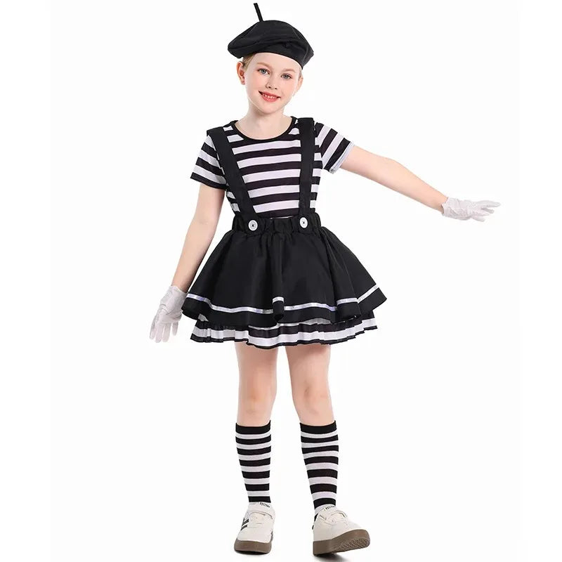 Girls Silent Actor Mime Artist Costume Funny Black White Clown Cosplay Dress for Halloween Carnival Party Outfits - Big Tim's Magic Emporium