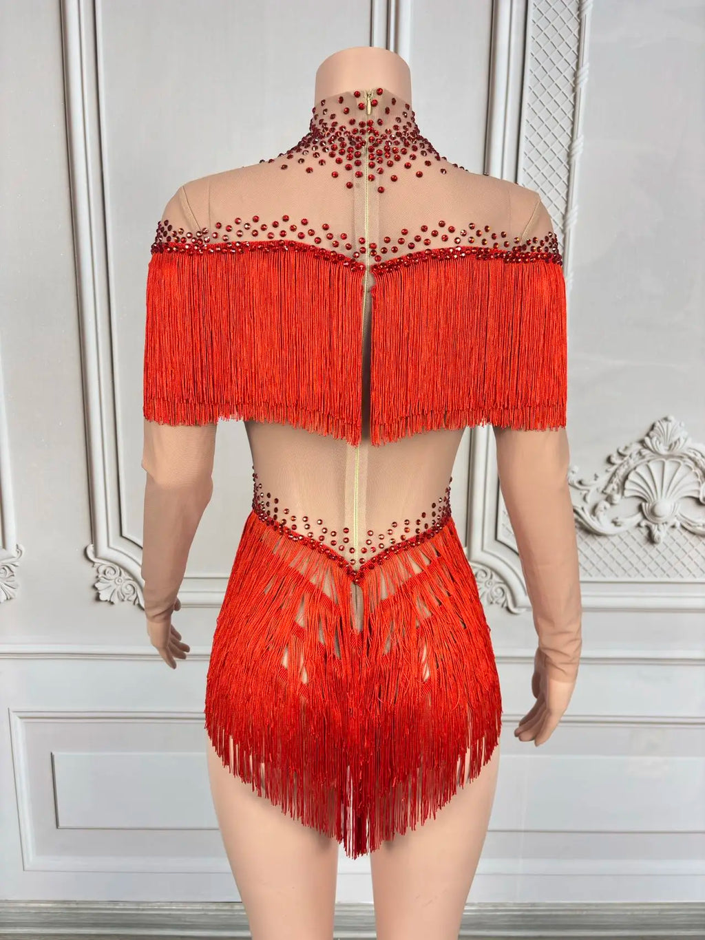 Sparkly Rhinestone Tassel Fringe Dance Performance Costume Stage Bodysuit