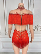 Sparkly Rhinestone Tassel Fringe Dance Performance Costume Stage Bodysuit