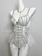 Black Beaded Chain Fringe Showgirl Bodysuit – Glamour Stage & Festival Performance Costume