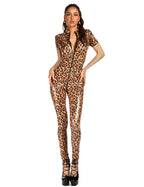Leopard Print Open Crotch Wet-Look Faux Leather Jumpsuit Stage Cat-Suit Costume