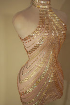 Sparkly Rhinestone High-Neck Sheath Mini Dress Stage Dance Costume