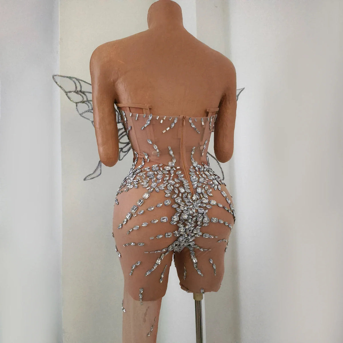 Silver Crystal Mesh 3D Butterfly Rhinestone Wings Jumpsuit