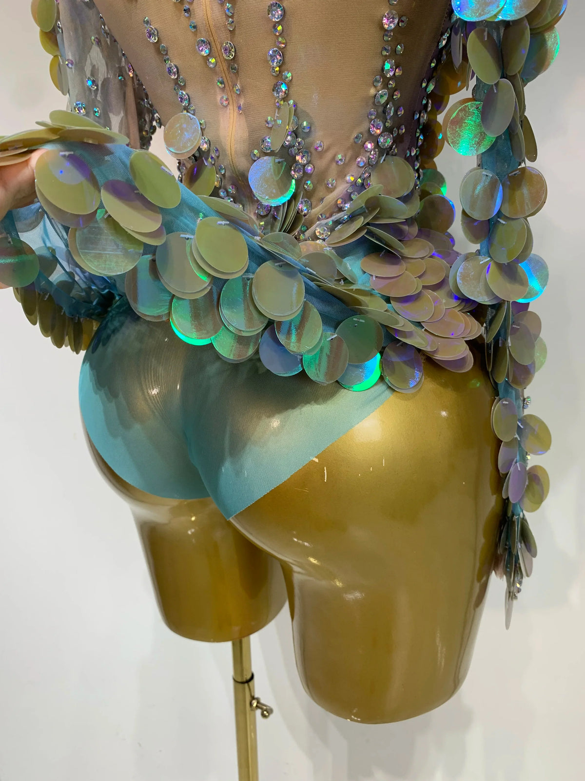 Iridescent Mermaid Scale Sequin & Rhinestone Illusion Bodysuit Stage Costume
