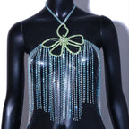 Rhinestone Tassel Flower Bralette Body Chain – Crystal Fringe Chest Harness Bra Chain in Gold or Silver