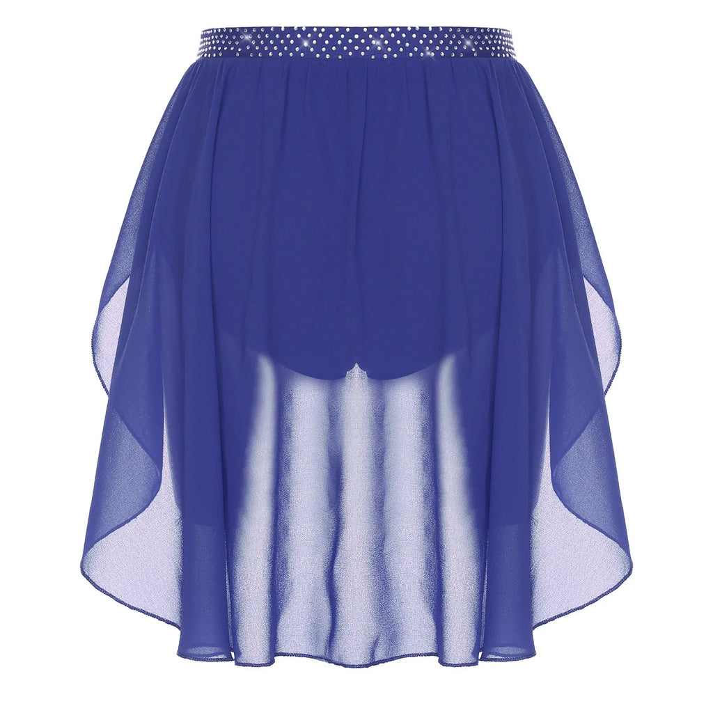 Womens Modern Lyrical Dance Skirt Performance Costume Sparkly Rhinestone Irregular Chiffon Hem Built-in Briefs Skirt Dancewear