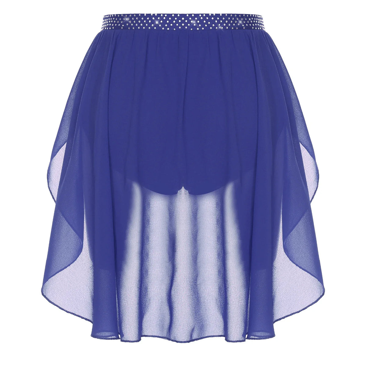 Womens Modern Lyrical Dance Skirt Performance Costume Sparkly Rhinestone Irregular Chiffon Hem Built-in Briefs Skirt Dancewear