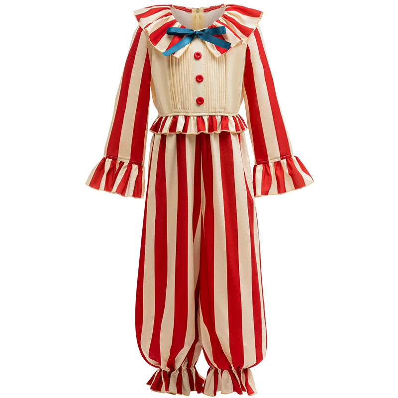 Kids Carnival Outfits Circus Clown Cosplay Costumes Boys Red Stripe Jumpsuits Birthday Dress Up Stage Magic Perform Clothing - Big Tim's Magic Emporium