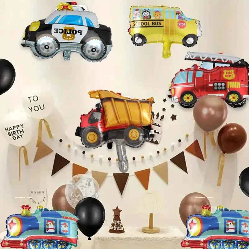5 random mini transportation balloons, mini trains, school buses, fire trucks, balloons, cars, themed birthday party decorations