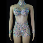 Luxurious AB Crystal Rhinestone Stage Dance Costume Illusion Romper