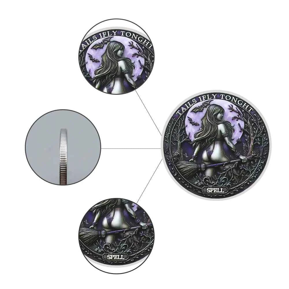 Tails I Fly Tonight" Witch Challenge Coin – Moon Rider Spellbound Collectible, 40mm Fantasy Magic Coin Gift