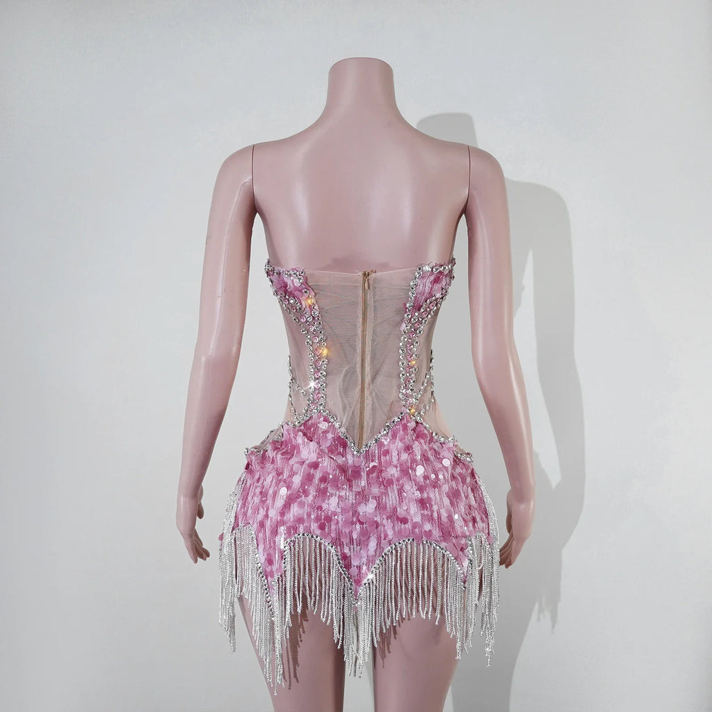 Sequin Beaded Tassels Mini Dress Crystals Mesh Bodycon Stage Performance Outfit