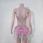 Sequin Beaded Tassels Mini Dress Crystals Mesh Bodycon Stage Performance Outfit
