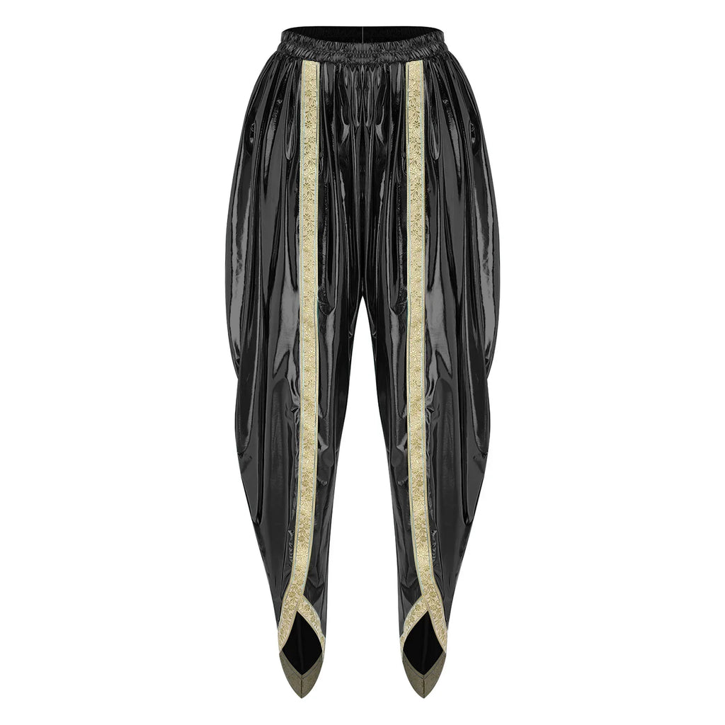 Men's Metallic Shiny Harem Dhoti Pants Gold Brocade Trim Prince Cosplay Costume