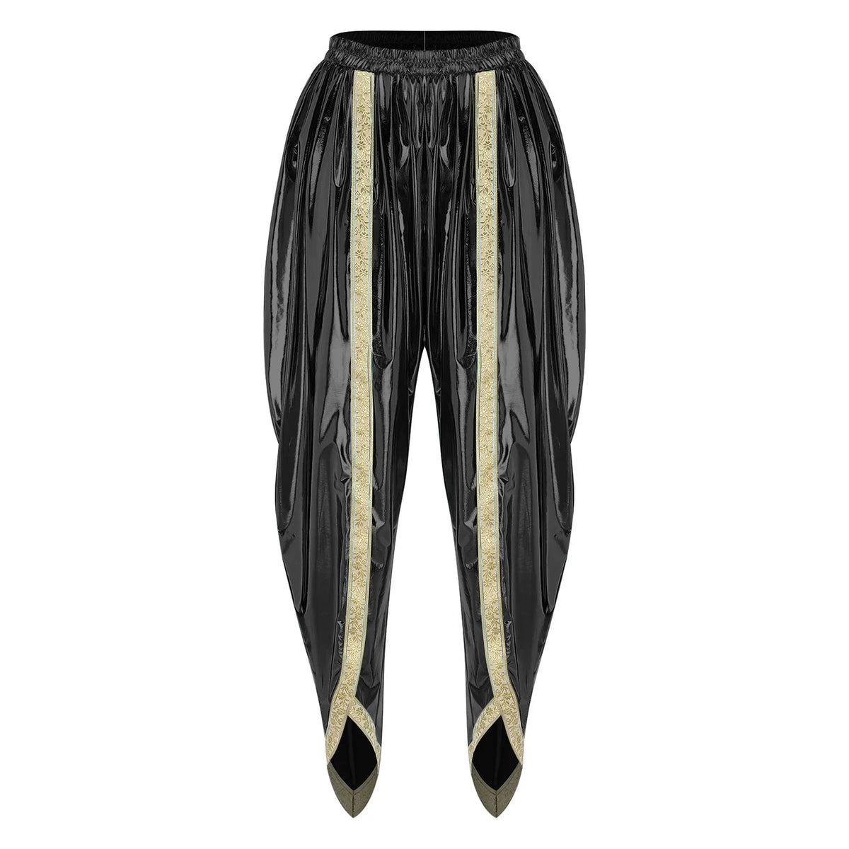 Men's Metallic Shiny Harem Dhoti Pants Gold Brocade Trim Prince Cosplay Costume