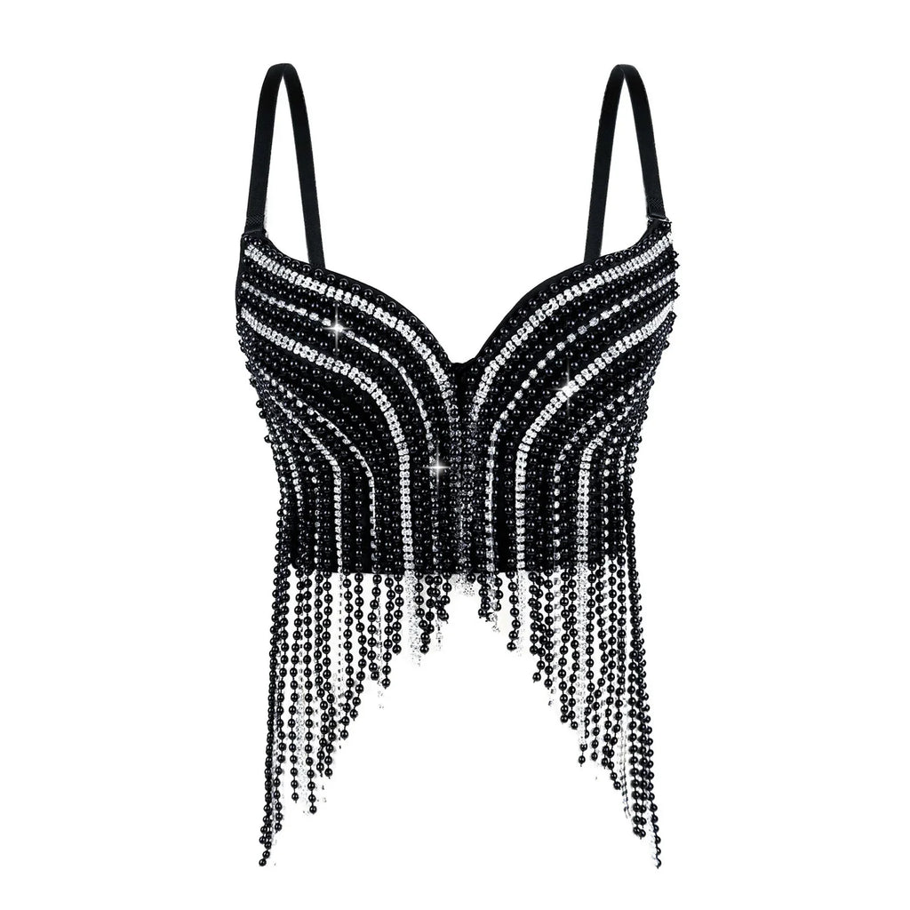 Rhinestone & Bead Tassel Push-Up Underwire Bustier Crop Top
