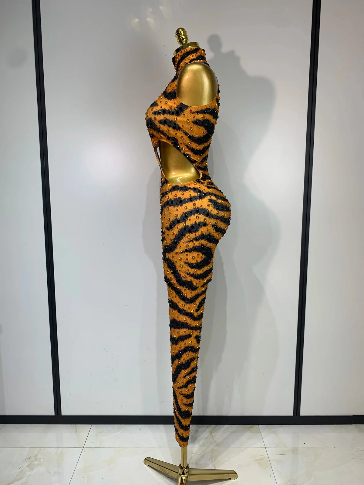 Sparkly Rhinestone Tiger Pattern Bodycon Jumpsuit Halter Stage Costume