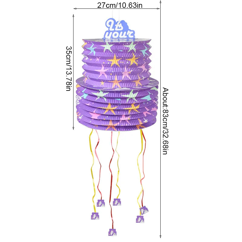 Purple Pull String Piñata Small Lantern Foldable Style Candy Smashing Game for Birthday Party Carnival Themed Events Supplies