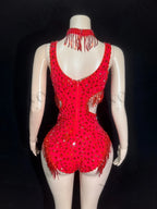 Sparkly Rhinestone Tassel Mock Neck Bodysuit Sleeveless Showgirl Stage Leotard