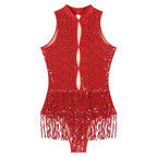 Glitter Sequin Fringe Latin Dance Leotard & Backless Performance Bodysuit