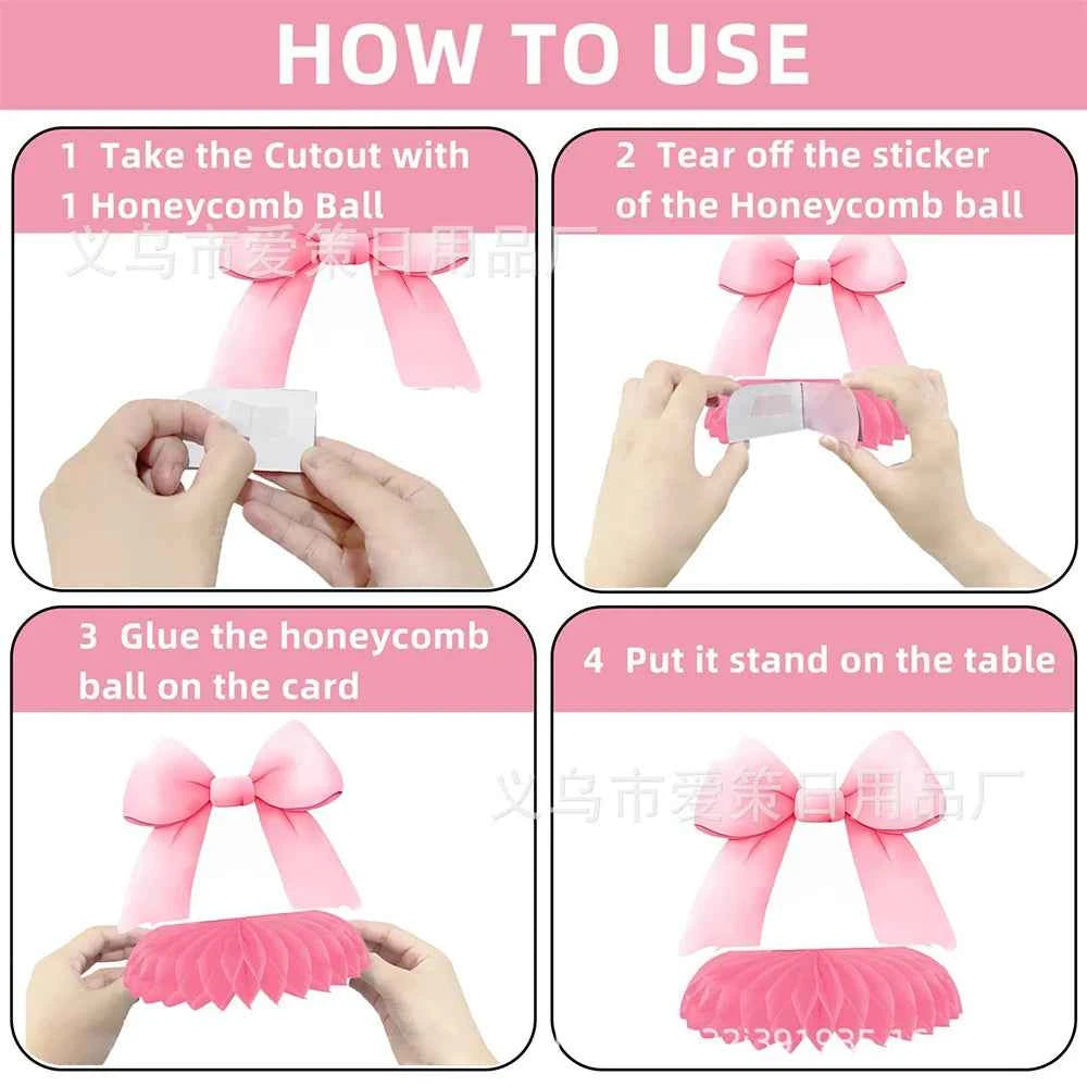 Bow Party Honeycomb Centerpieces Pink Bow Birthday Decorations Bow Baby Shower Decor Coquette Birthday Decorations