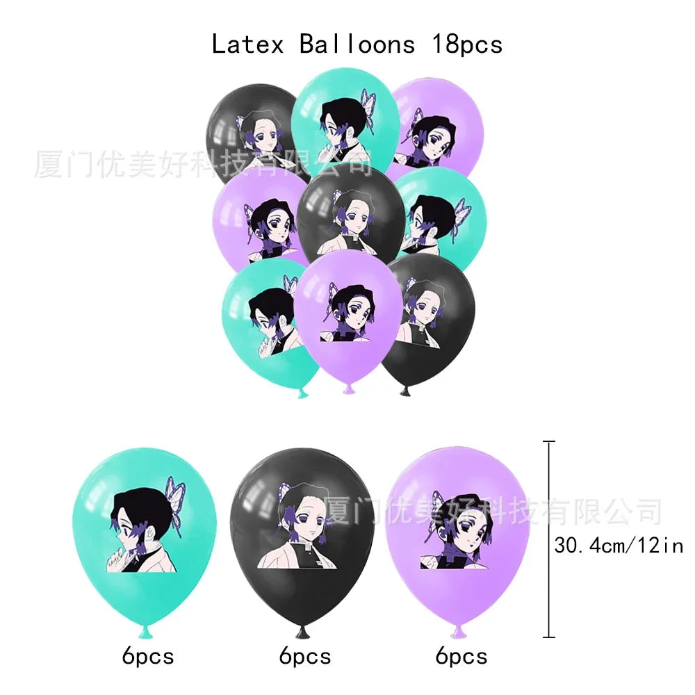 Demon Slayer Anime Kochou Shinobu Party Set Supplies Kimetsu No Yaiba Balloon Girl's Birthday Decoration Banner Cake Topper Gift