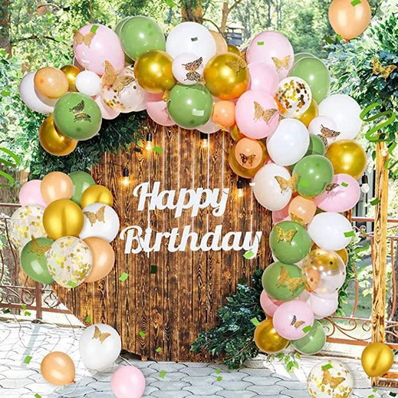 129Pcs A set of fairy tale themed birthday party balloon decoration set with 3D three-dimensional golden butterfly stickers