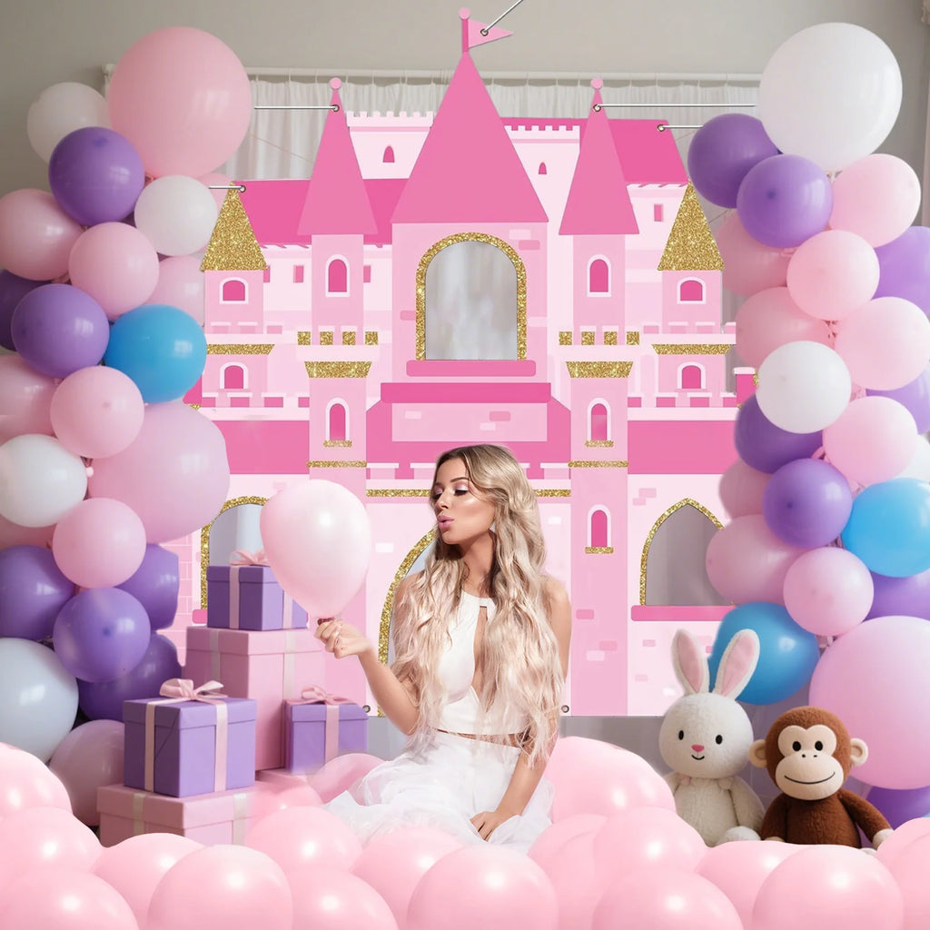 Pink Castle Party Photo Booth Props Princess Photograph Backdrop Pink Royal Castle Birthday Party Supplies Princess Themed Decor - Big Tim's Magic Emporium