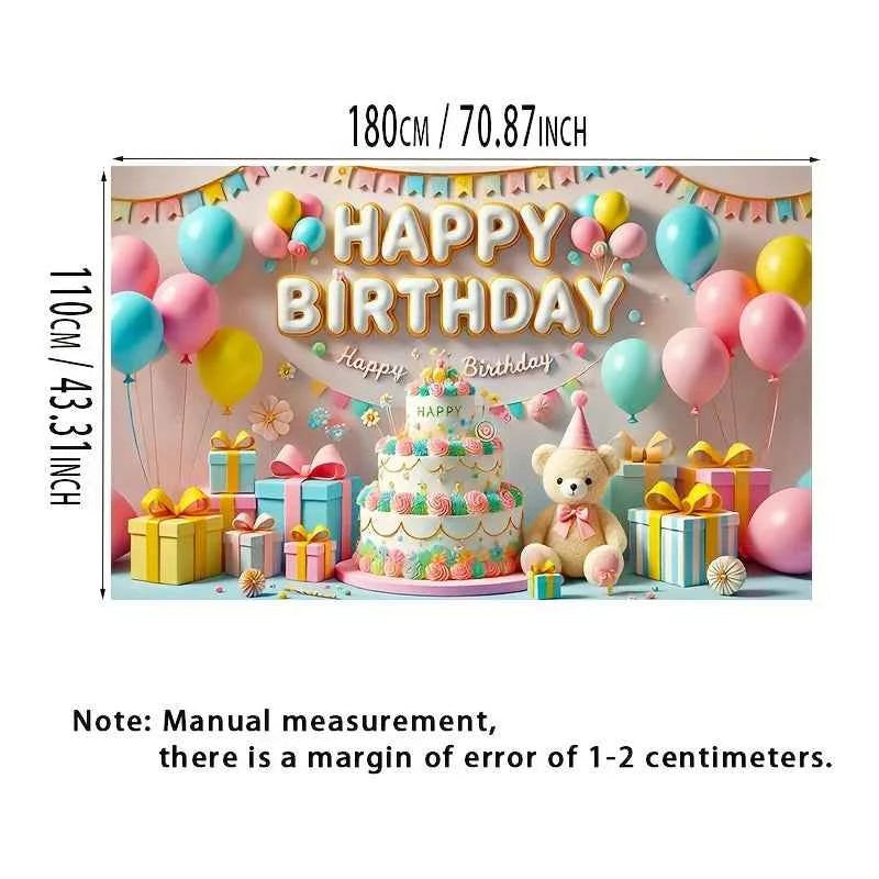 One, a "Happy Birthday" banner, colorful balloons and cake design, with a teddy bear, a birthday party background banner