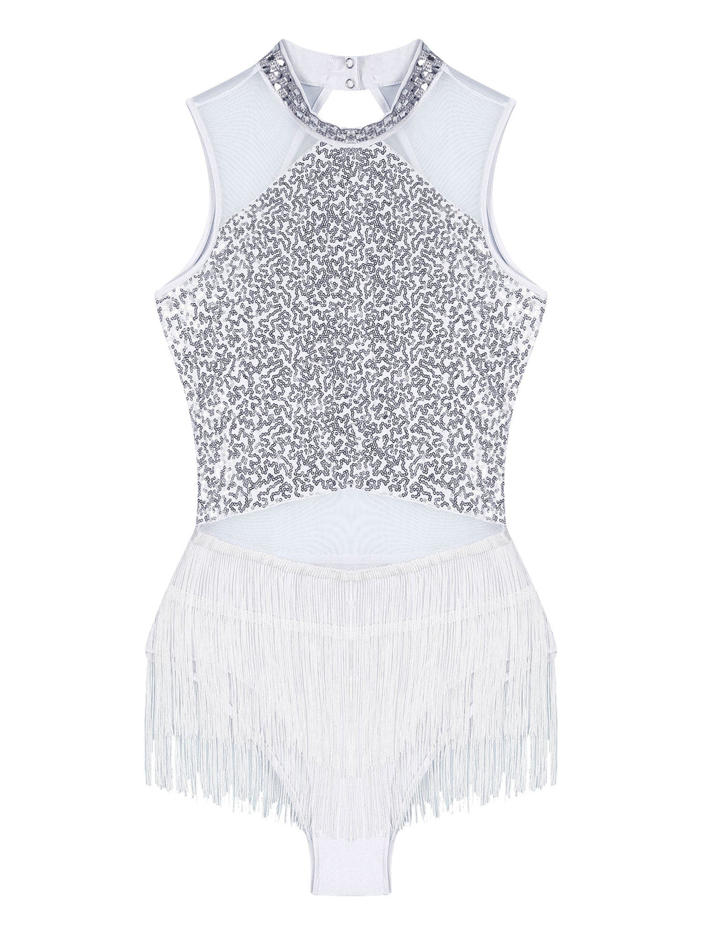 Women Sequins Diamond Latin Jazz Dance Costume Sleeveless Cutout Back Flowy Tassel Dress Leotard Tango Cha-Cha Samba Dancewear