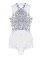 Women Sequins Diamond Latin Jazz Dance Costume Sleeveless Cutout Back Flowy Tassel Dress Leotard Tango Cha-Cha Samba Dancewear