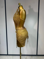 Sparkly Rhinestone Mesh Strapless Mini Dress Evening Stage Performance Outfit