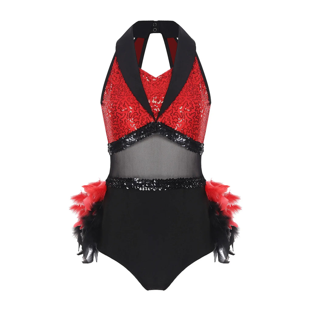 Women's Shiny Sequin Sheer Mesh Feather Latin Jazz Dance Bodysuit