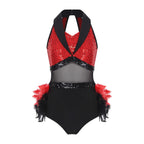 Women's Shiny Sequin Sheer Mesh Feather Latin Jazz Dance Bodysuit