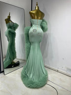 Luxury Prom Gowns Women Mint Green Strapless Breast Cups Puffy Rhinestones Maxi Long Runway Gala Gowns Evening Party Dress