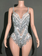 Sparkly Rhinestone & Tassel Bodysuit Stage Performance Dance Costume