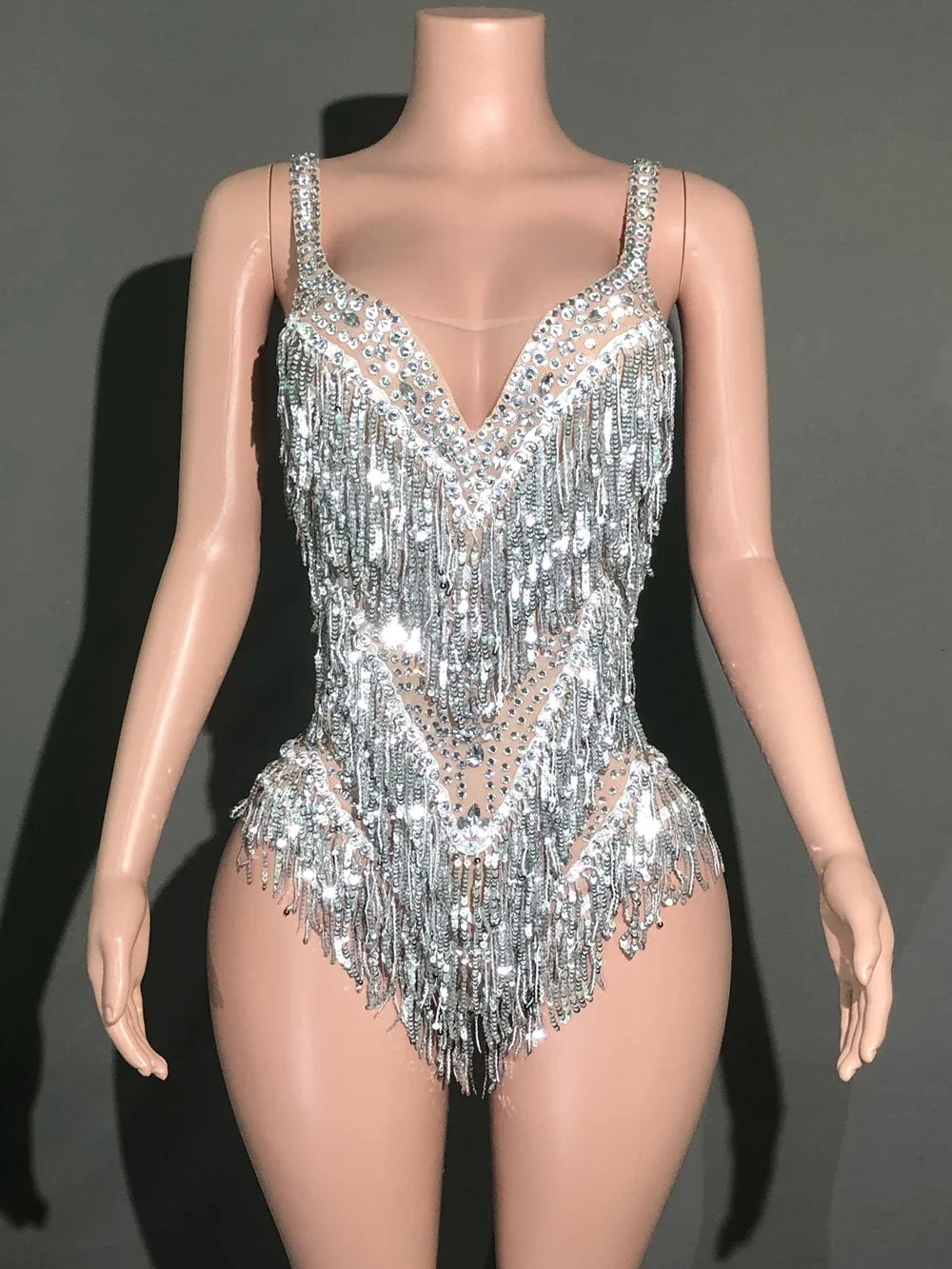 Sparkly Rhinestone & Tassel Bodysuit Stage Performance Dance Costume