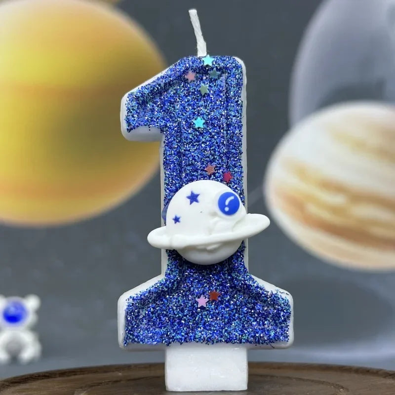 Boys Birthday Number Candle Cake Topper Blue Planetary Universe Children Baby Party One Year Old Dessert Decor Baking Supplies