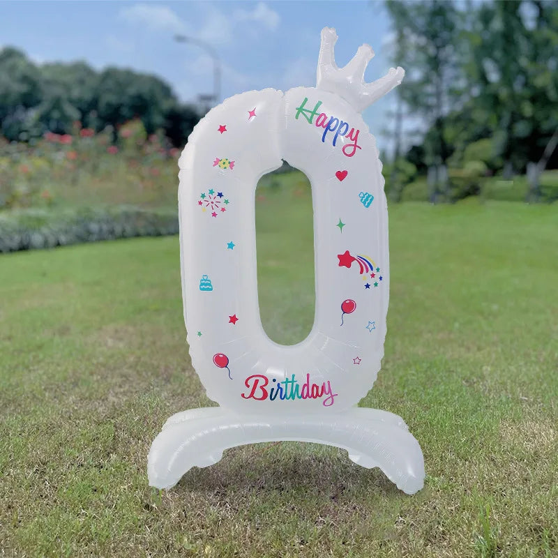 Birthday Digital Balloon White Standing 32 inch Happy Birthday Printed Aluminum Film Birthday Party Crown Balloon