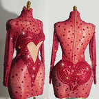 Crystal Rhinestone Mesh Long Sleeve Vintage Inspired Dress with Sequins and Skirt