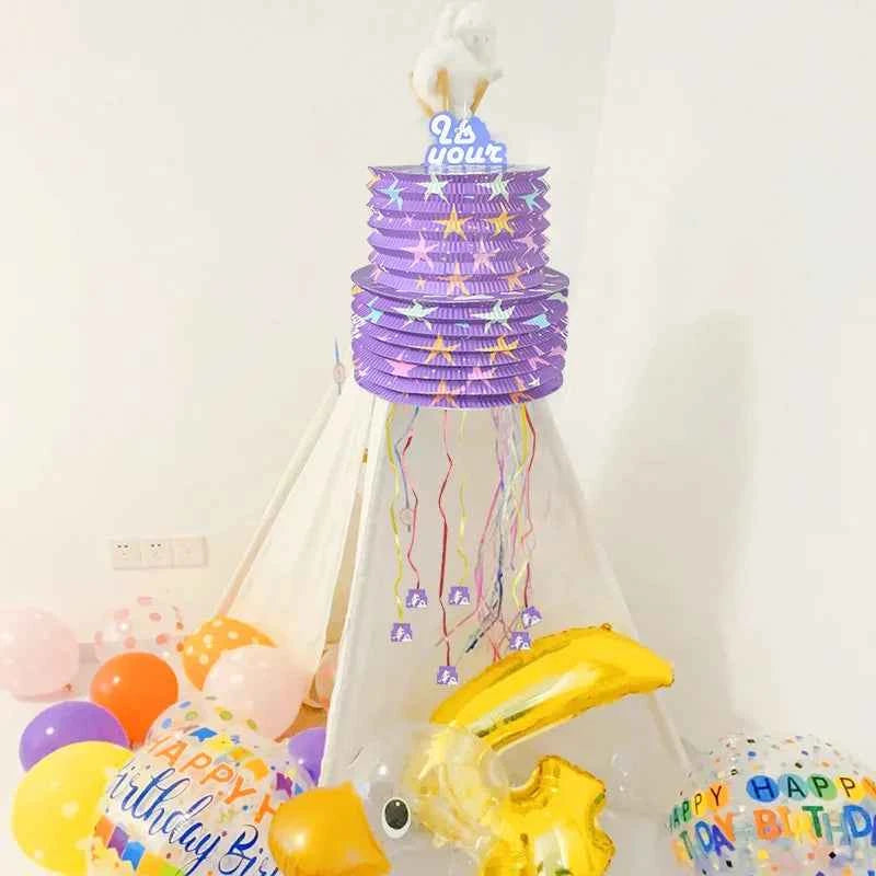 Purple Pull String Piñata Small Lantern Foldable Style Candy Smashing Game for Birthday Party Carnival Themed Events Supplies