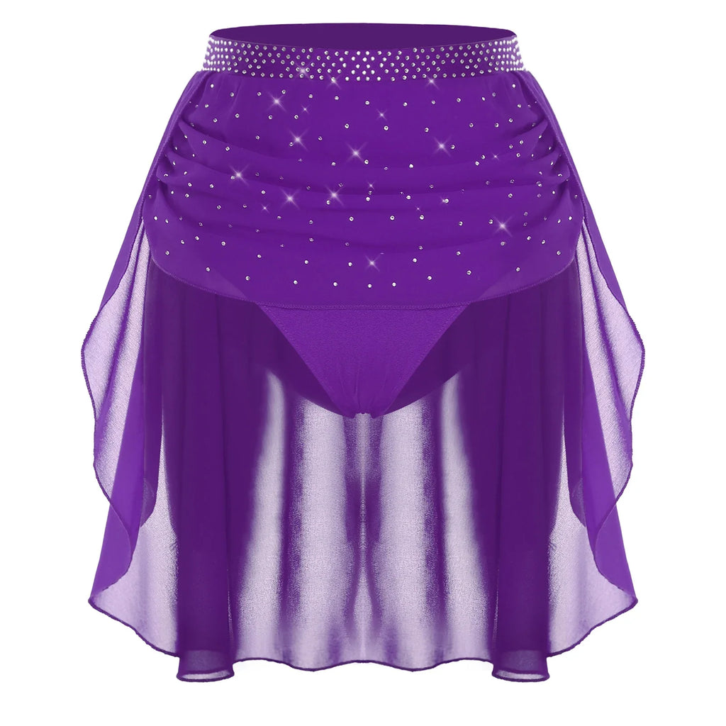 Womens Modern Lyrical Dance Skirt Performance Costume Sparkly Rhinestone Irregular Chiffon Hem Built-in Briefs Skirt Dancewear