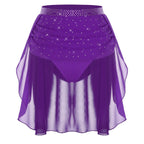 Womens Modern Lyrical Dance Skirt Performance Costume Sparkly Rhinestone Irregular Chiffon Hem Built-in Briefs Skirt Dancewear