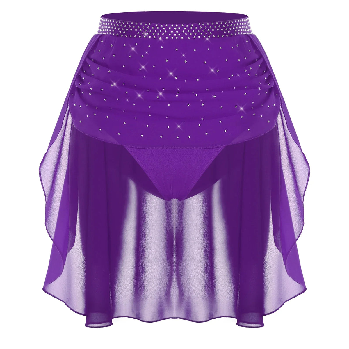 Womens Modern Lyrical Dance Skirt Performance Costume Sparkly Rhinestone Irregular Chiffon Hem Built-in Briefs Skirt Dancewear