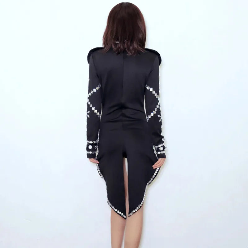 Rhinestone Swallowtail Showgirl Bodysuit – Tuxedo Tails Stage Performance Costume