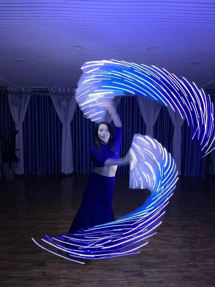 Fan white and blue gradual change silk fabric dance props cord string charging stage performance