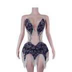 Sequin Beaded Tassels Mini Dress Crystals Mesh Bodycon Stage Performance Outfit